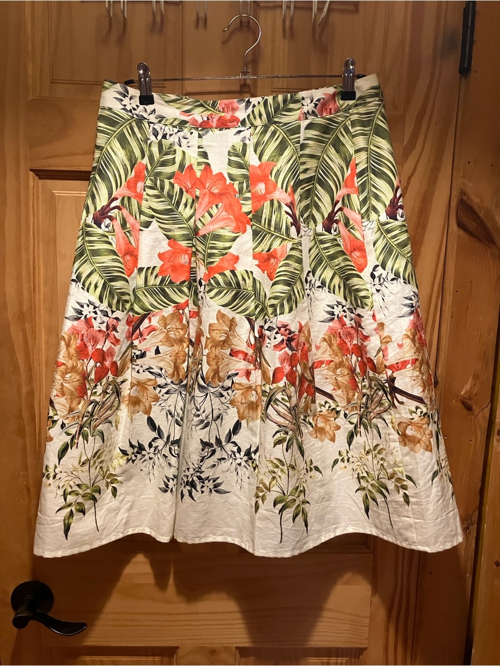 Talbots Off-White A-Line Linen  Skirt with Coral and Green Tropical Print